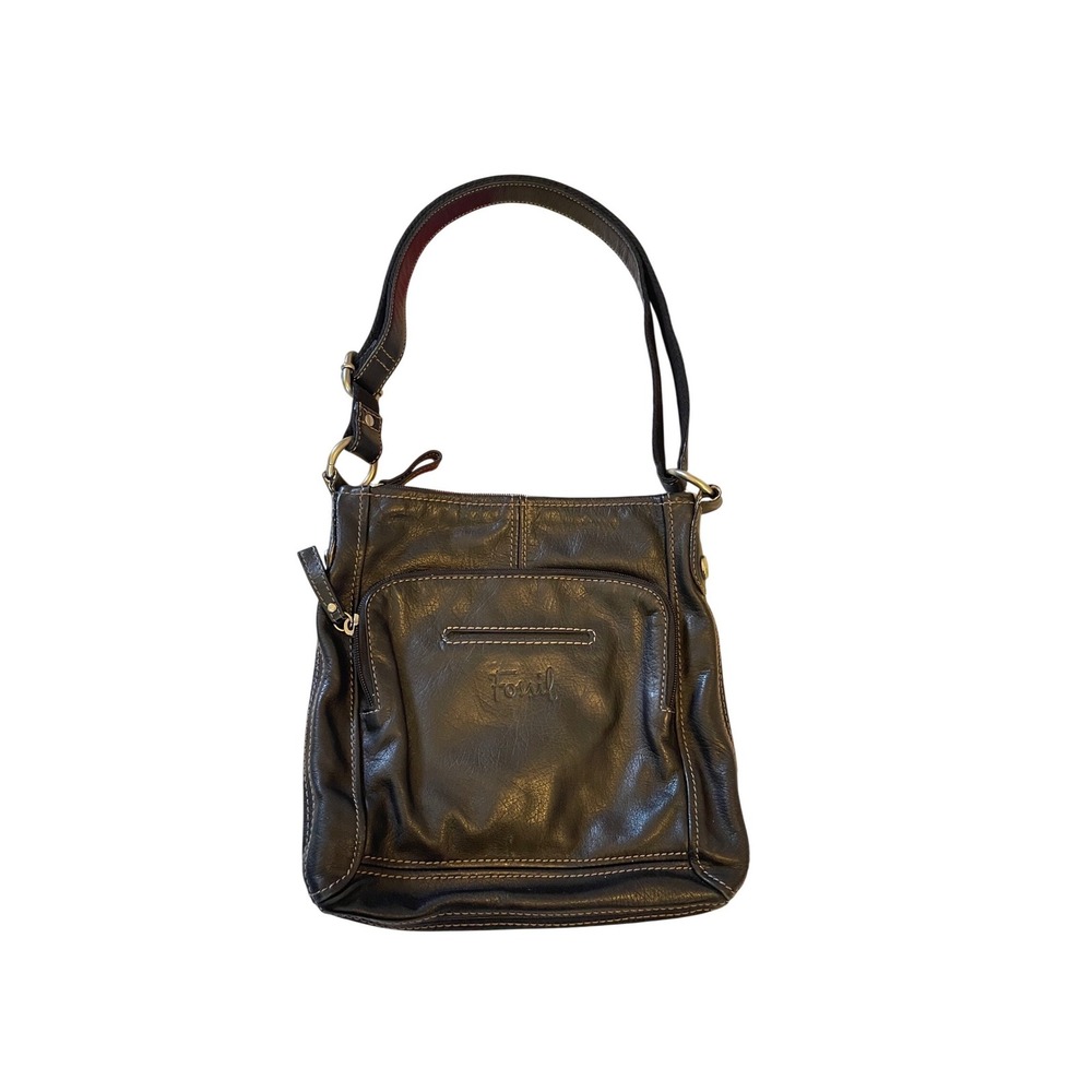 Fossil Black Leather Messenger Crossbody Bag Flap Top‎ Silver Hardware